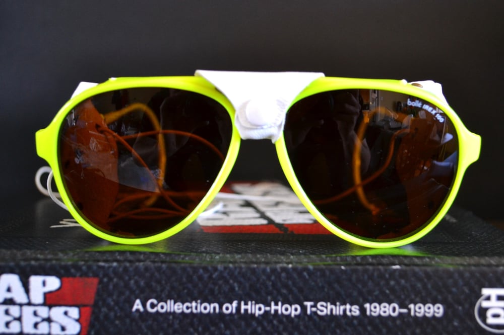 Vintage 1980 s Bolle IREX 100 Neon Yellow Glacier Shield Sunglasses Sole Food SF